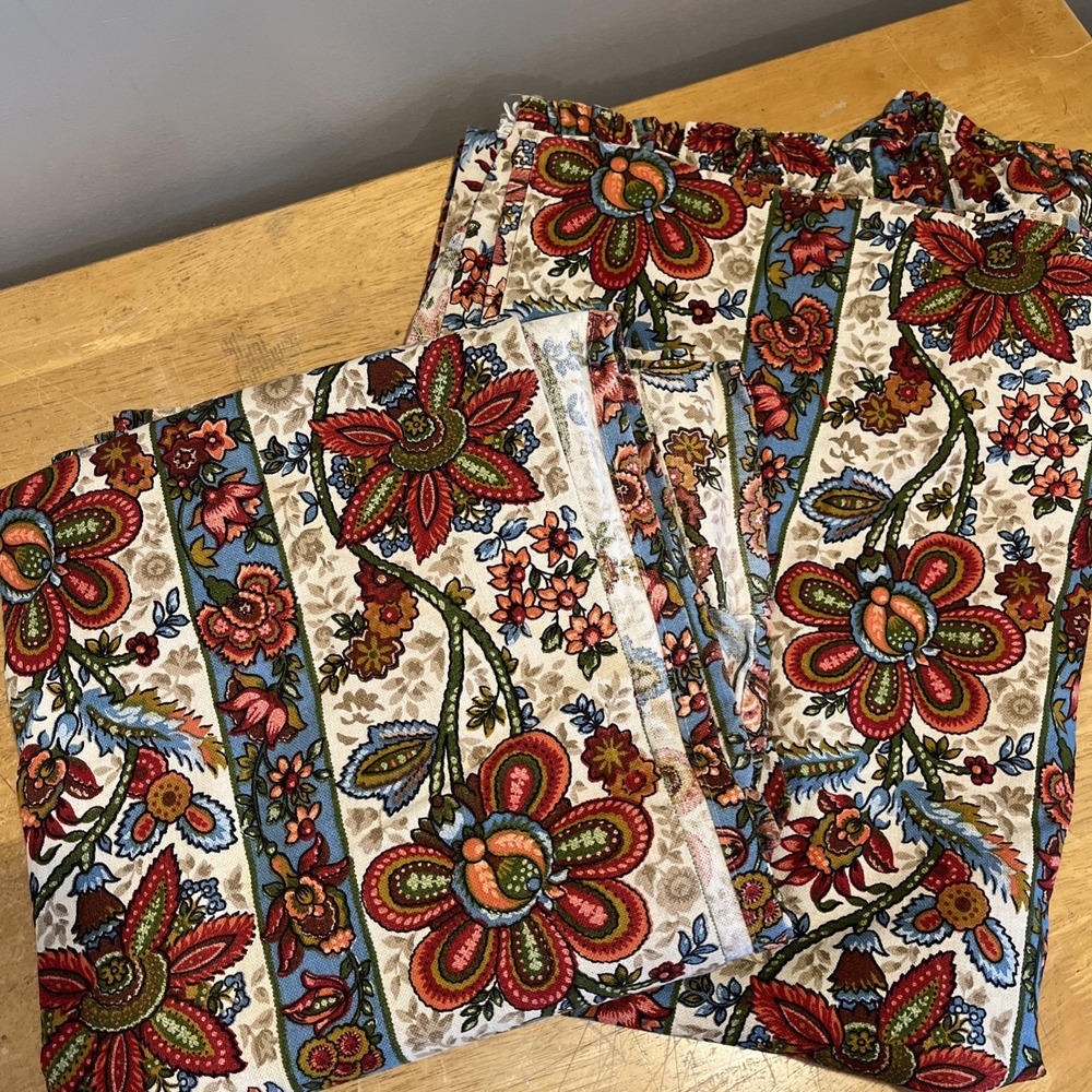 Vtg Floral Jacobean Curtains Pinch Pleaded Heavy‎ Barkcloth Fabric Set Of 2 70s